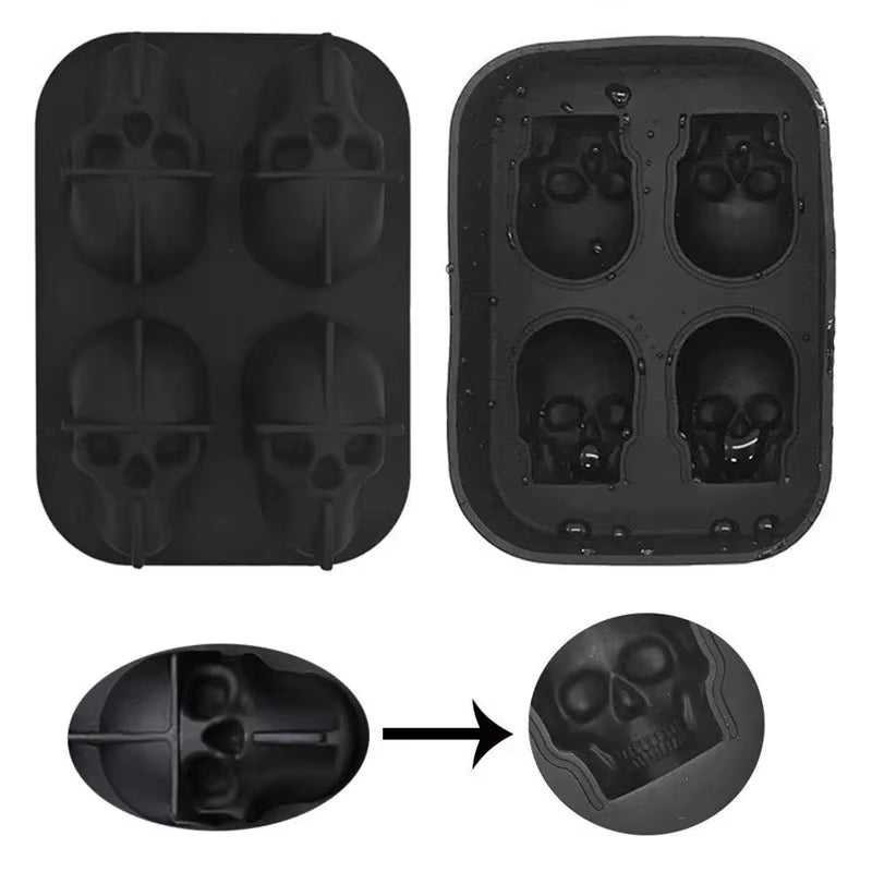 2024 New 3D Skull Ice Cube Tray with Funnel Silicone Flexible 4 Cavity Maker Molds Cube Maker Ice Cream Tools