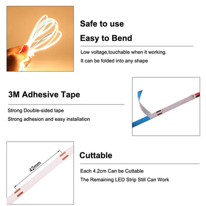 5Mm FCOB LED Strip Light 384 Leds High Density Flexiblefob COB Led Lights 3000K 4000K 6000K Linear Dimmable 12V/24V