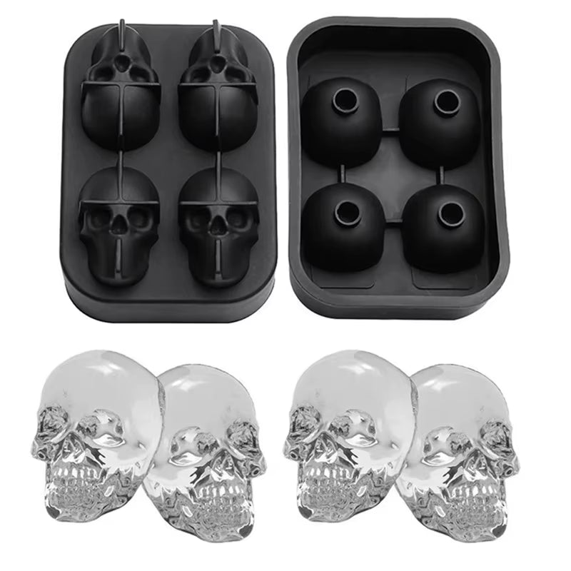 2024 New 3D Skull Ice Cube Tray with Funnel Silicone Flexible 4 Cavity Maker Molds Cube Maker Ice Cream Tools