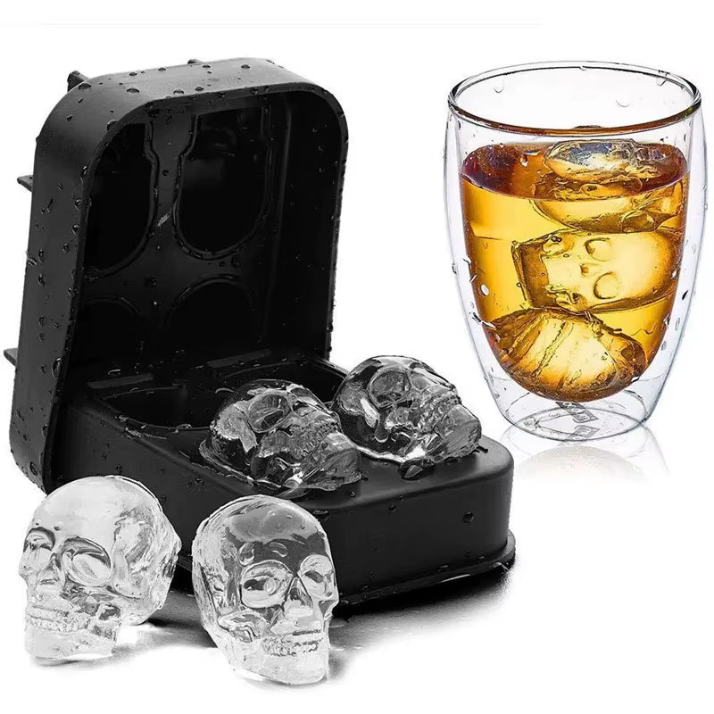 2024 New 3D Skull Ice Cube Tray with Funnel Silicone Flexible 4 Cavity Maker Molds Cube Maker Ice Cream Tools