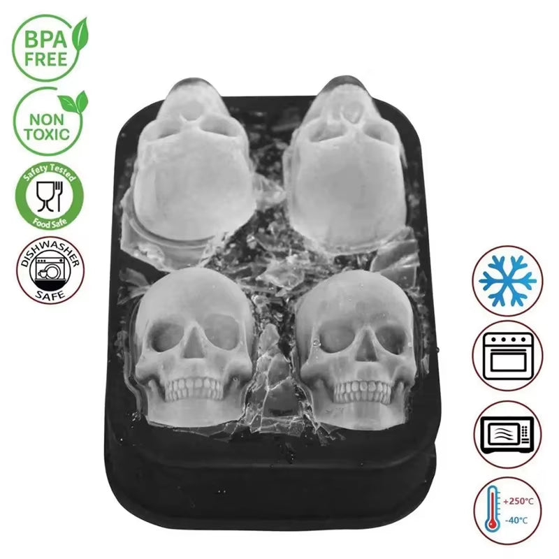 2024 New 3D Skull Ice Cube Tray with Funnel Silicone Flexible 4 Cavity Maker Molds Cube Maker Ice Cream Tools